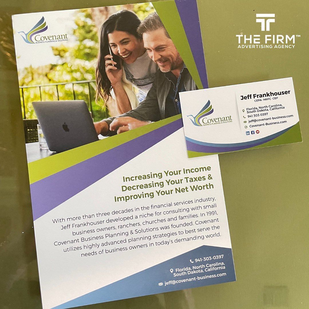 Brochure and business card on green surface, with laptop-working couple and “THE FIRM” branding