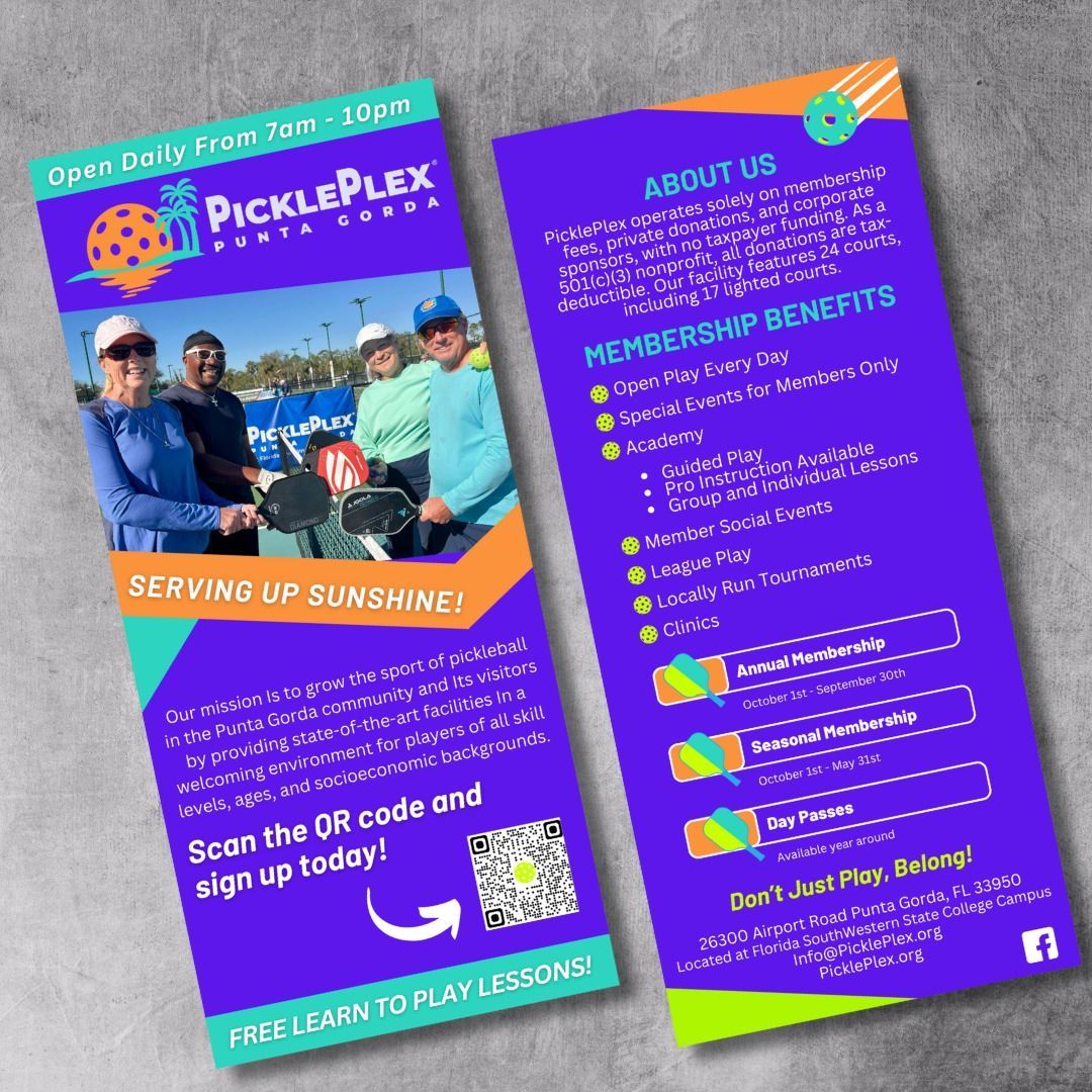 PicklePlex pickleball flyer with photos, schedule, membership benefits, and QR code on purple background