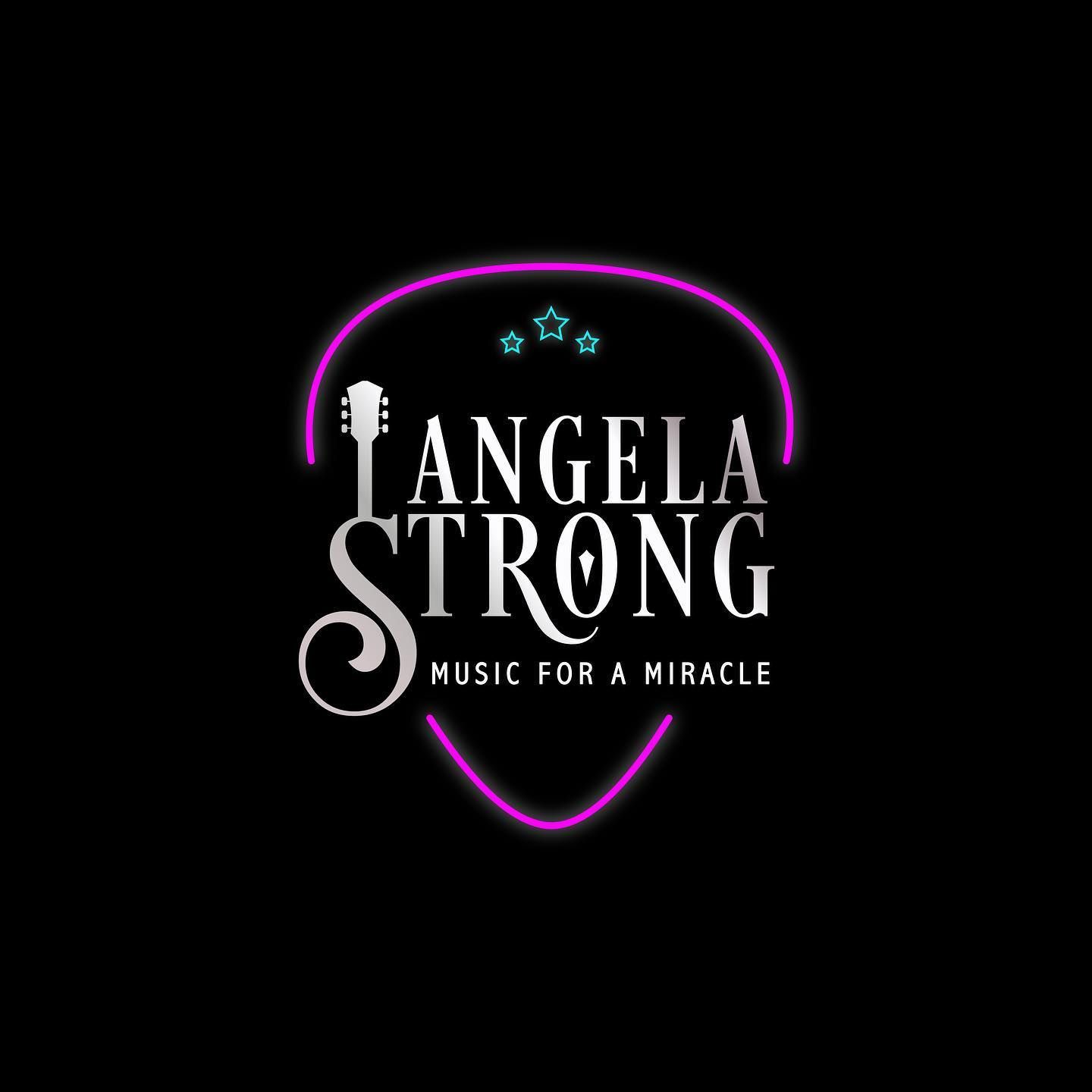 Angela Strong logo in white with cyan stars and a neon pink guitar outline on black, tagline “Music for a Miracle”