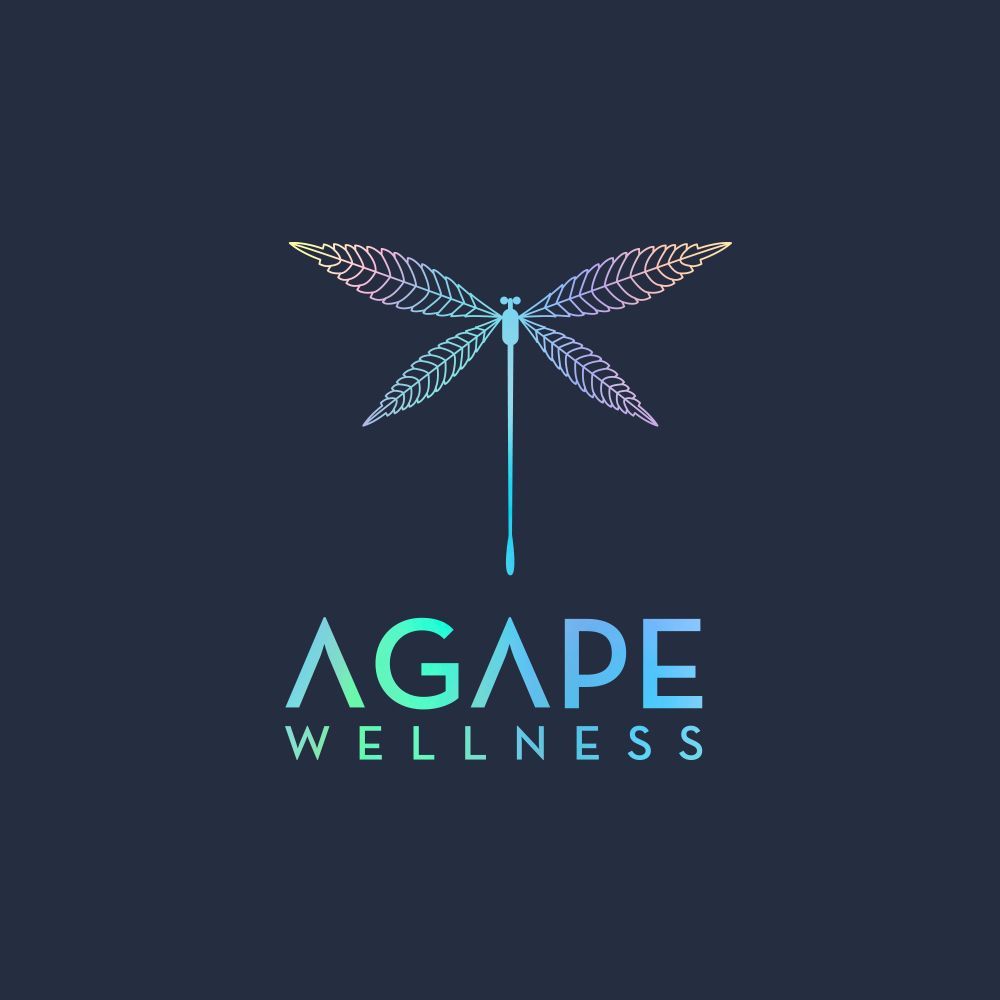 AGAPE Wellness logo with a teal dragonfly on a dark navy background