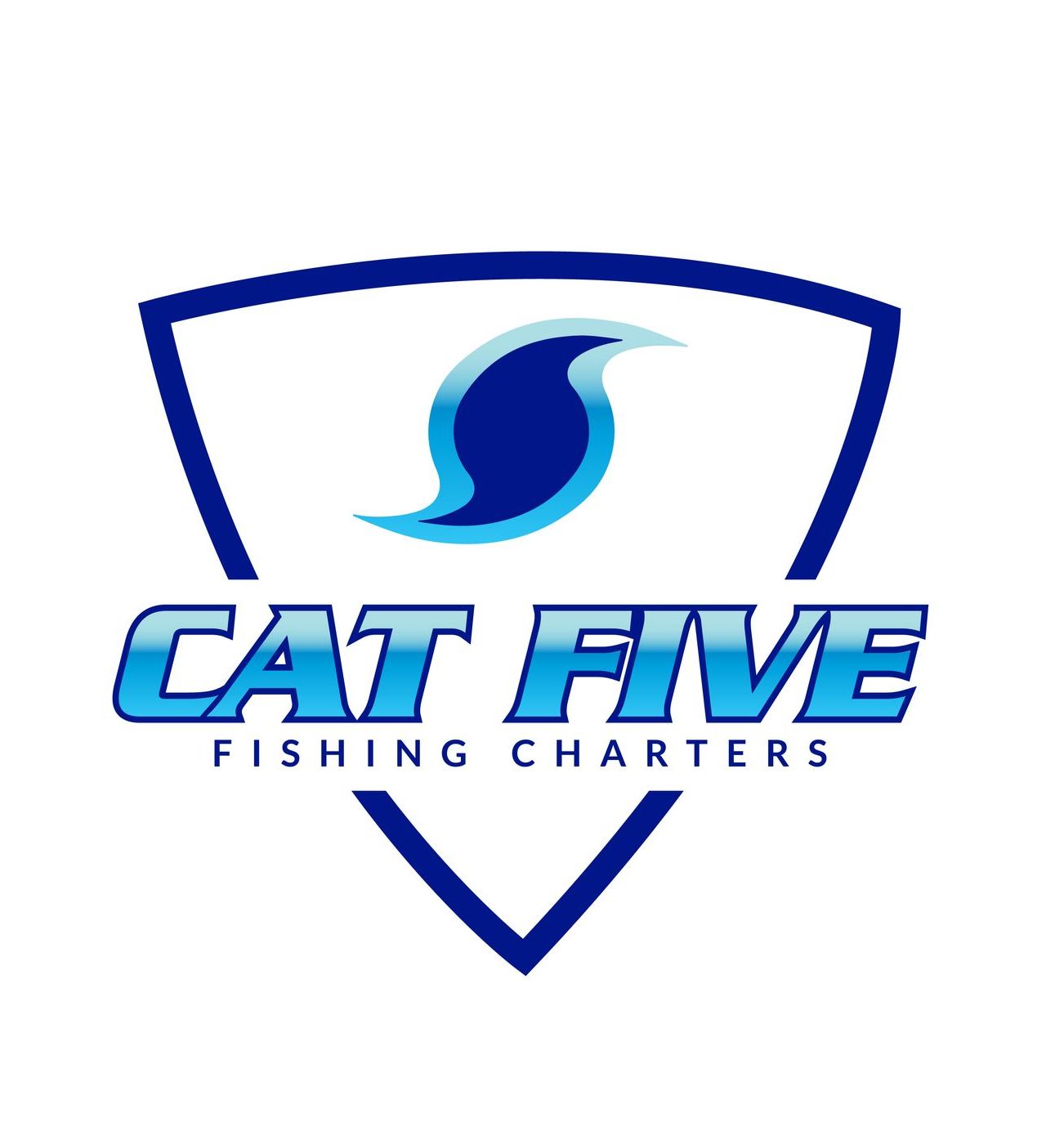 Cat Five Fishing Charters logo in blue and white with a stylized fish emblem