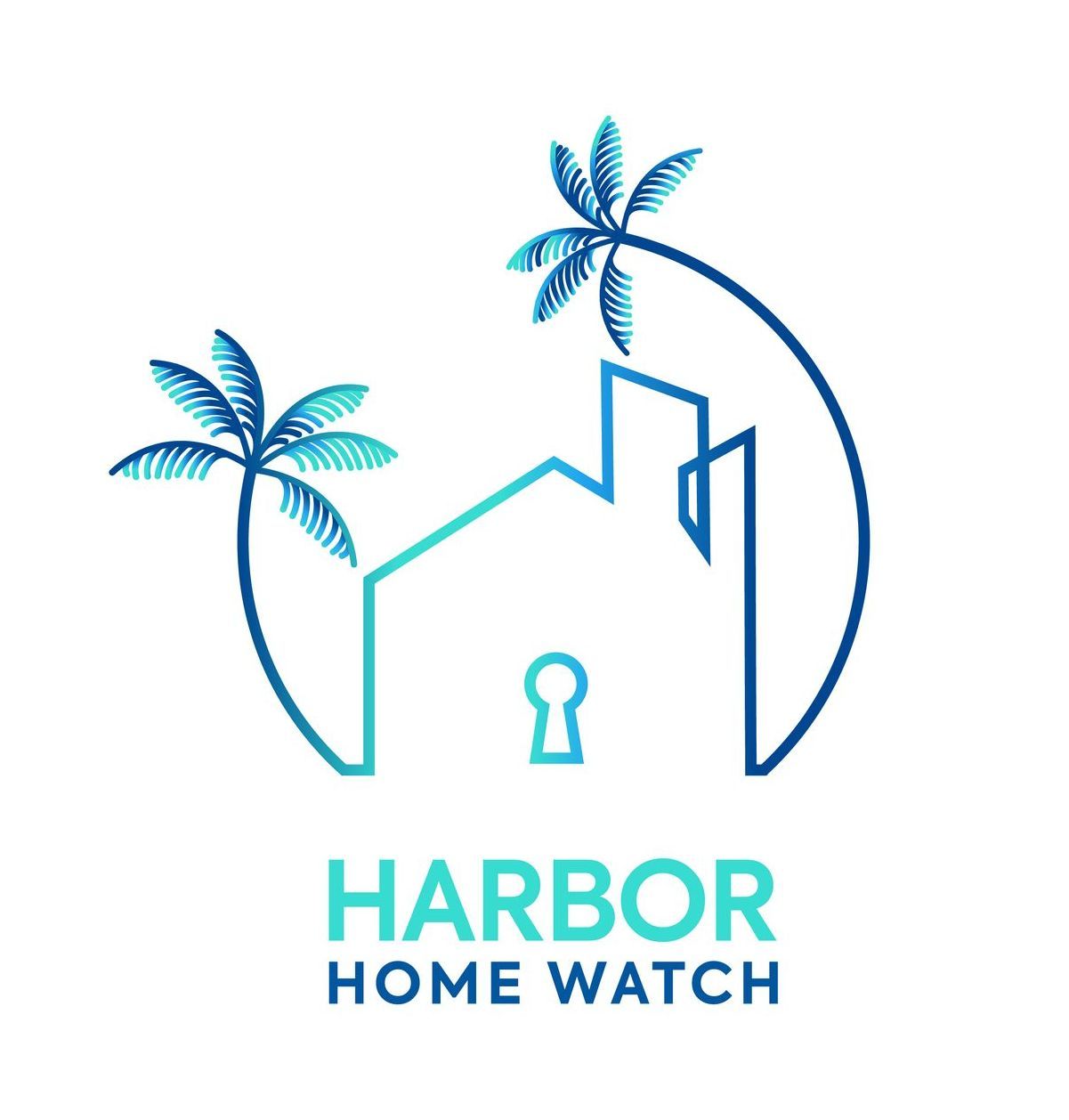 Harbor Home Watch logo with blue palm trees, a house outline, and keyhole icon on white background