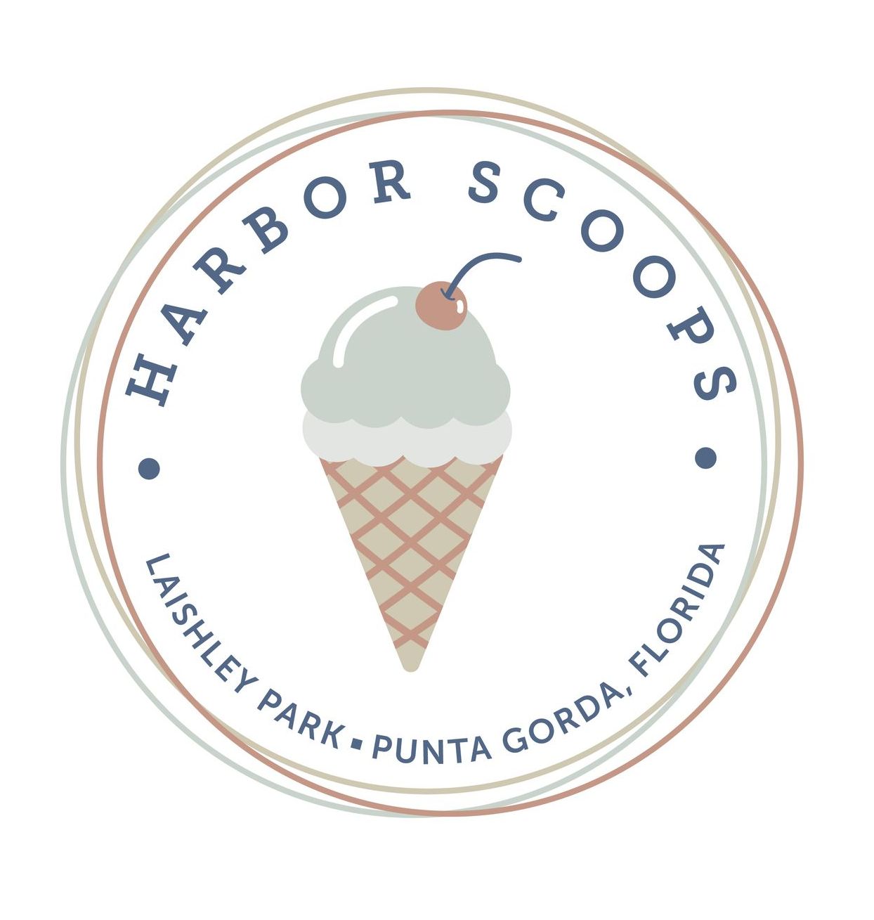 Harbor Scoops logo with pastel ice cream cone and text “Lashley Park - Punta Gorda, Florida”