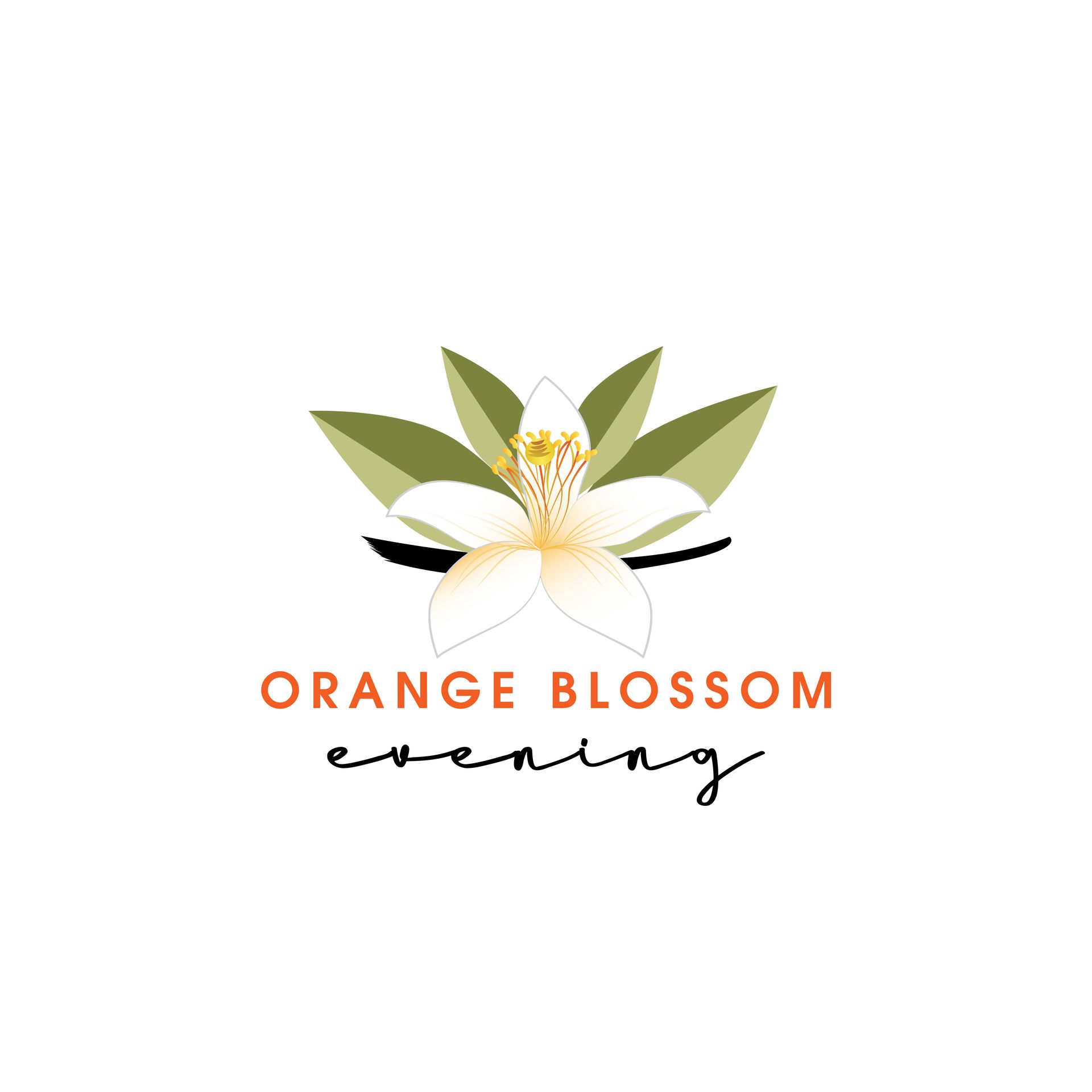 Orange blossom evening logo with stylized white flower and green leaves on a light background