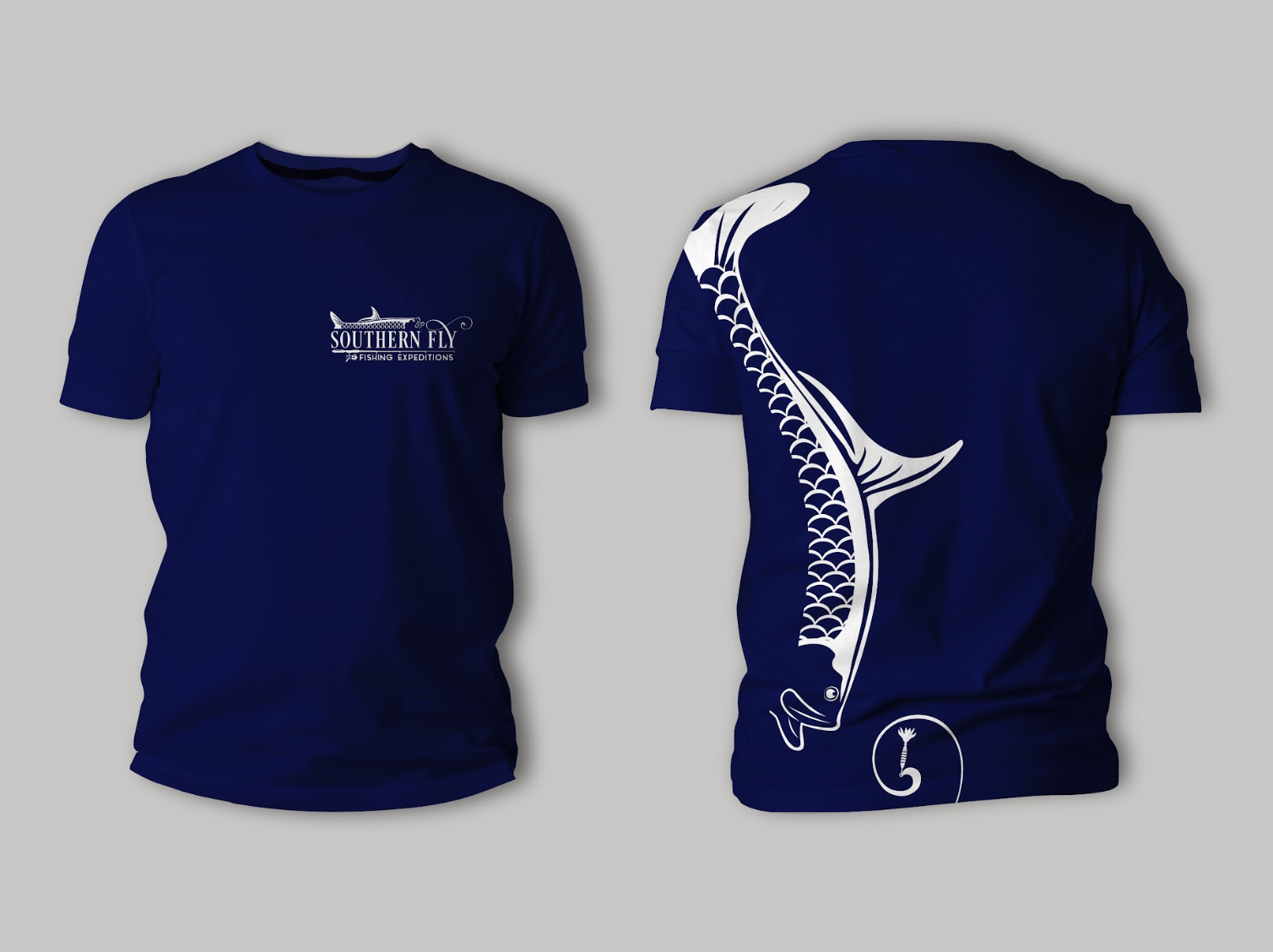 Navy T-shirt shown front and back with a white koi fish design on the back.