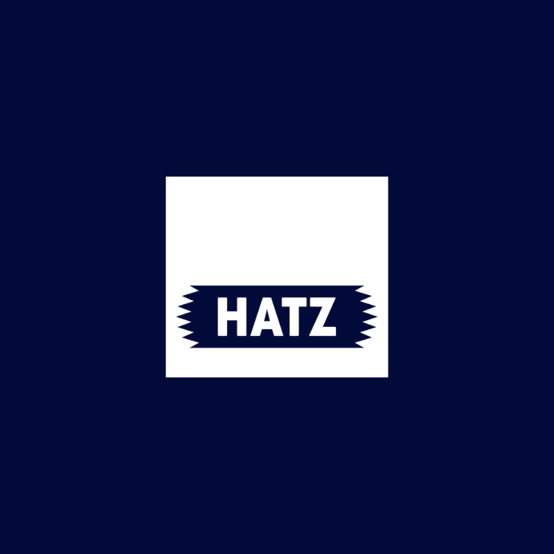 The hatz logo is on a blue background.
