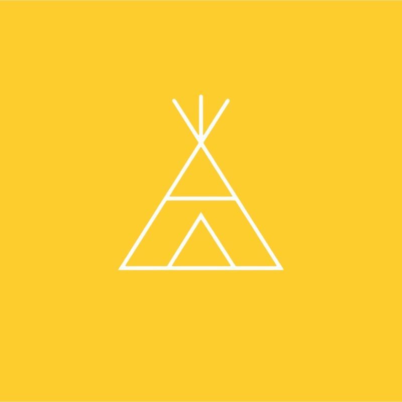 White line drawing of a teepee on an orange background.