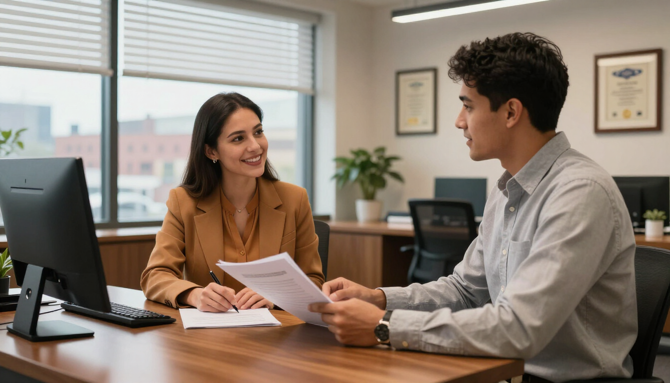 Friendly independent insurance agent discussing renters coverage with a tenant