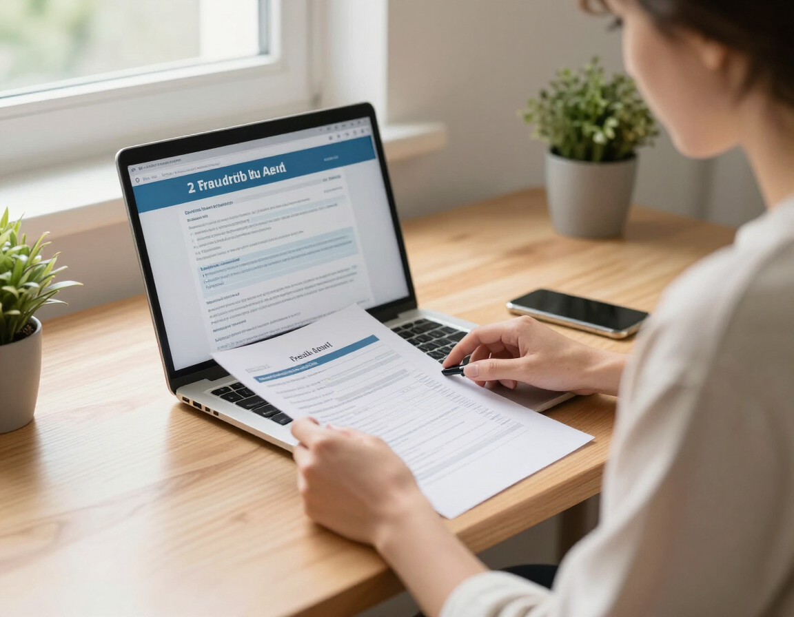 Person checking a credit report and fraud alert on a laptop