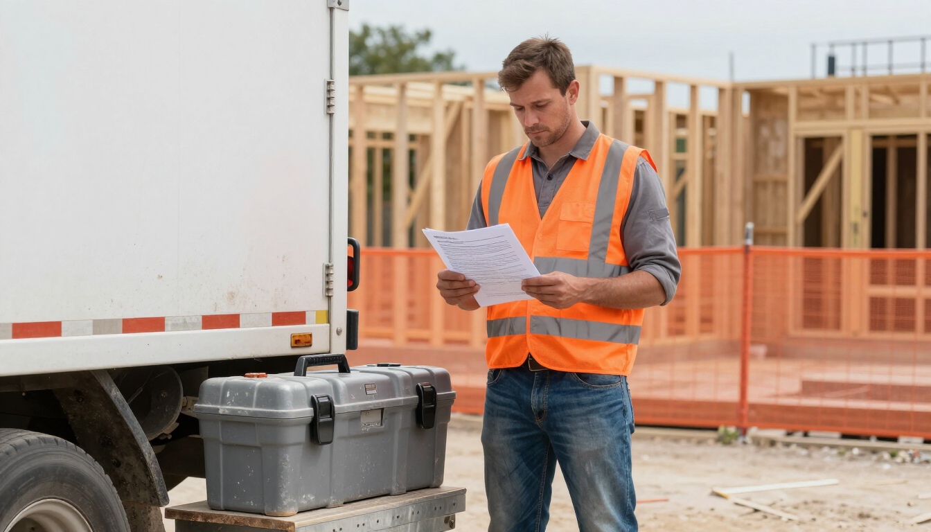 NJ contractor reviewing insurance documents with work truck and tools