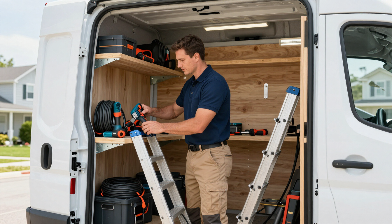 Contractor organizing insured tools and equipment in a work van