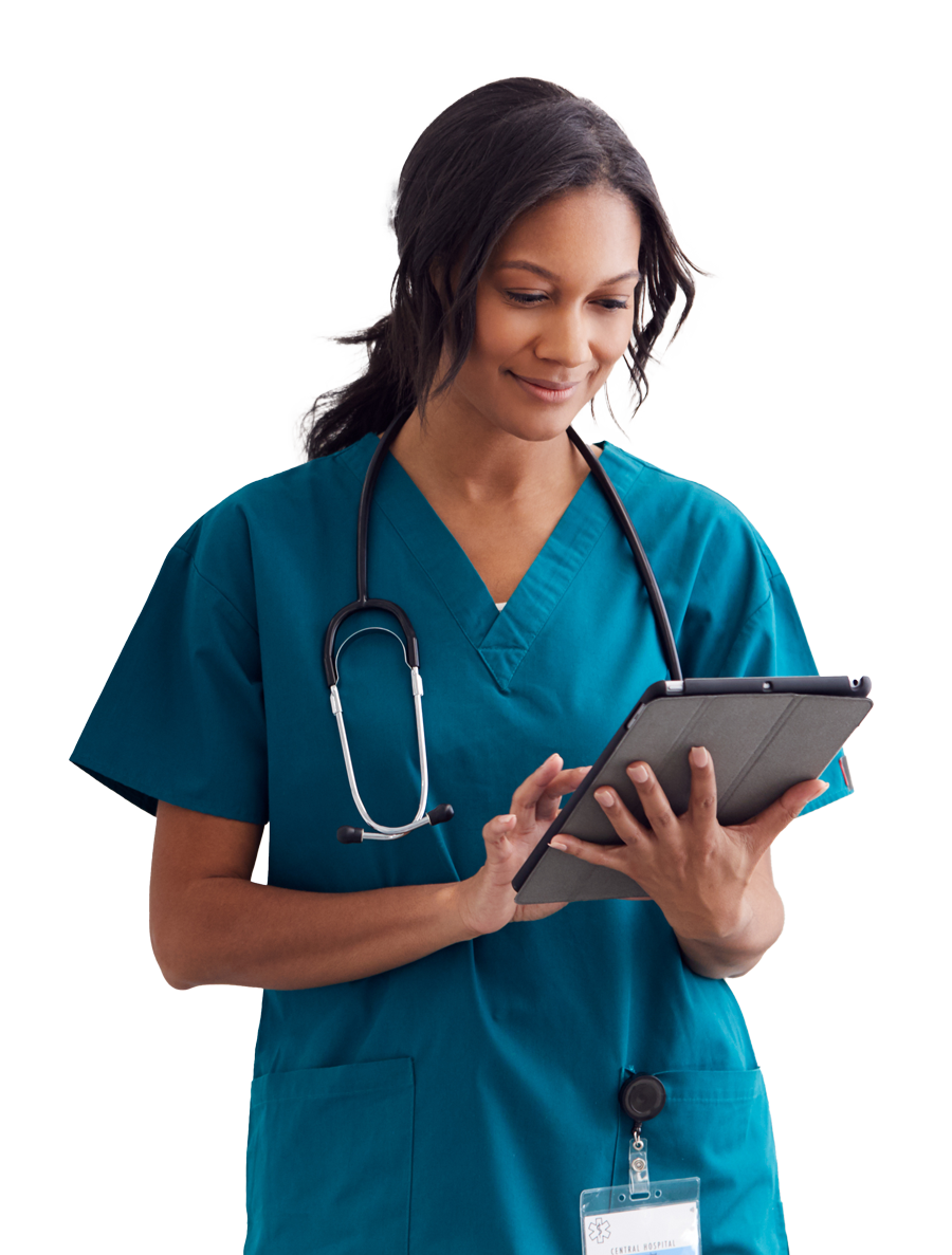 leadmonkey.ai | A nurse with a stethoscope around her neck is using a tablet computer.