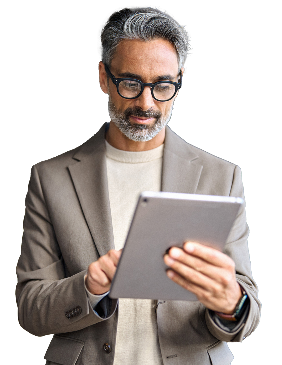 leadmonkey.ai | A man in a suit and glasses is using a tablet computer.