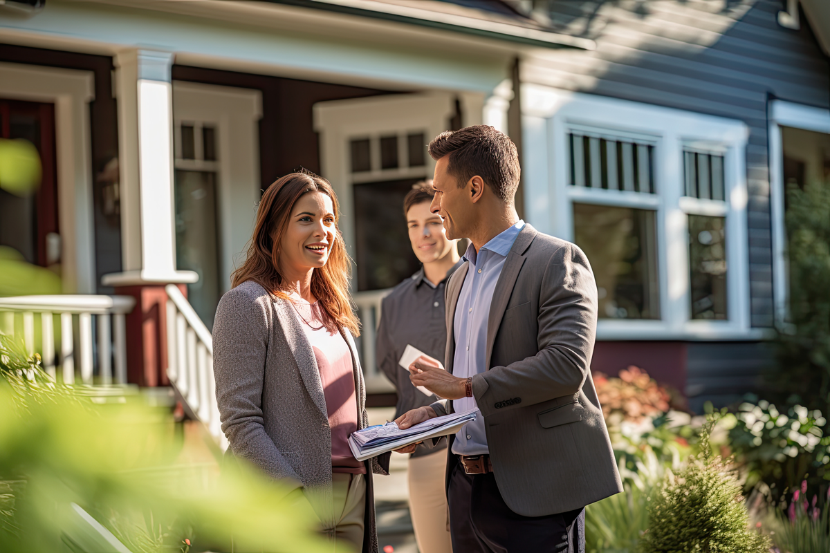 leadmonkey.ai | A man and a woman are standing in front of a house talking to a real estate agent.