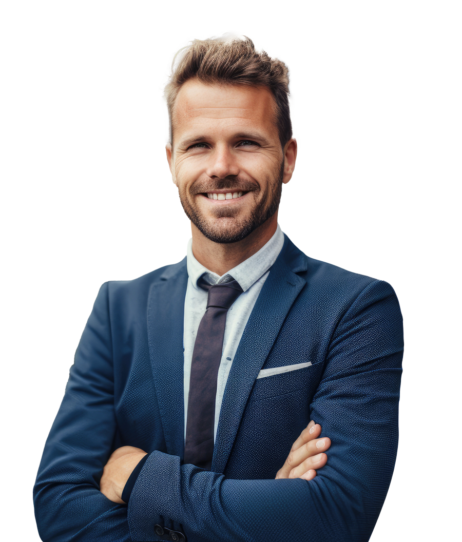 leadmonkey.ai | A man in a suit and tie is standing with his arms crossed and smiling.