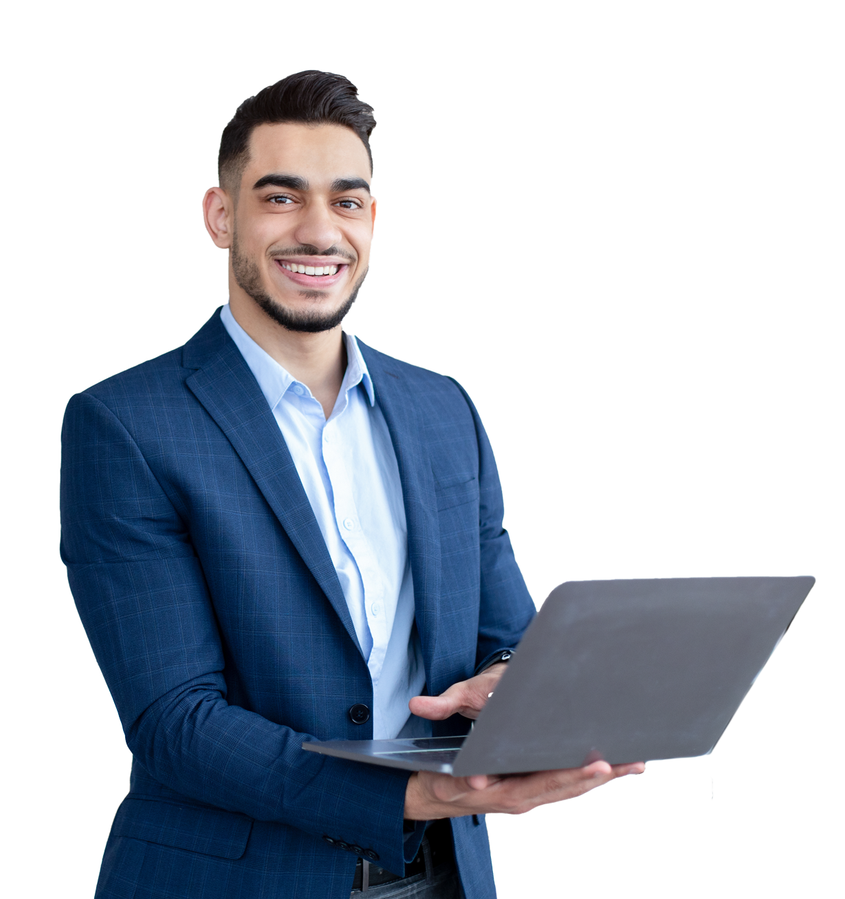 leadmonkey.ai | A man in a blue suit is holding a laptop computer.