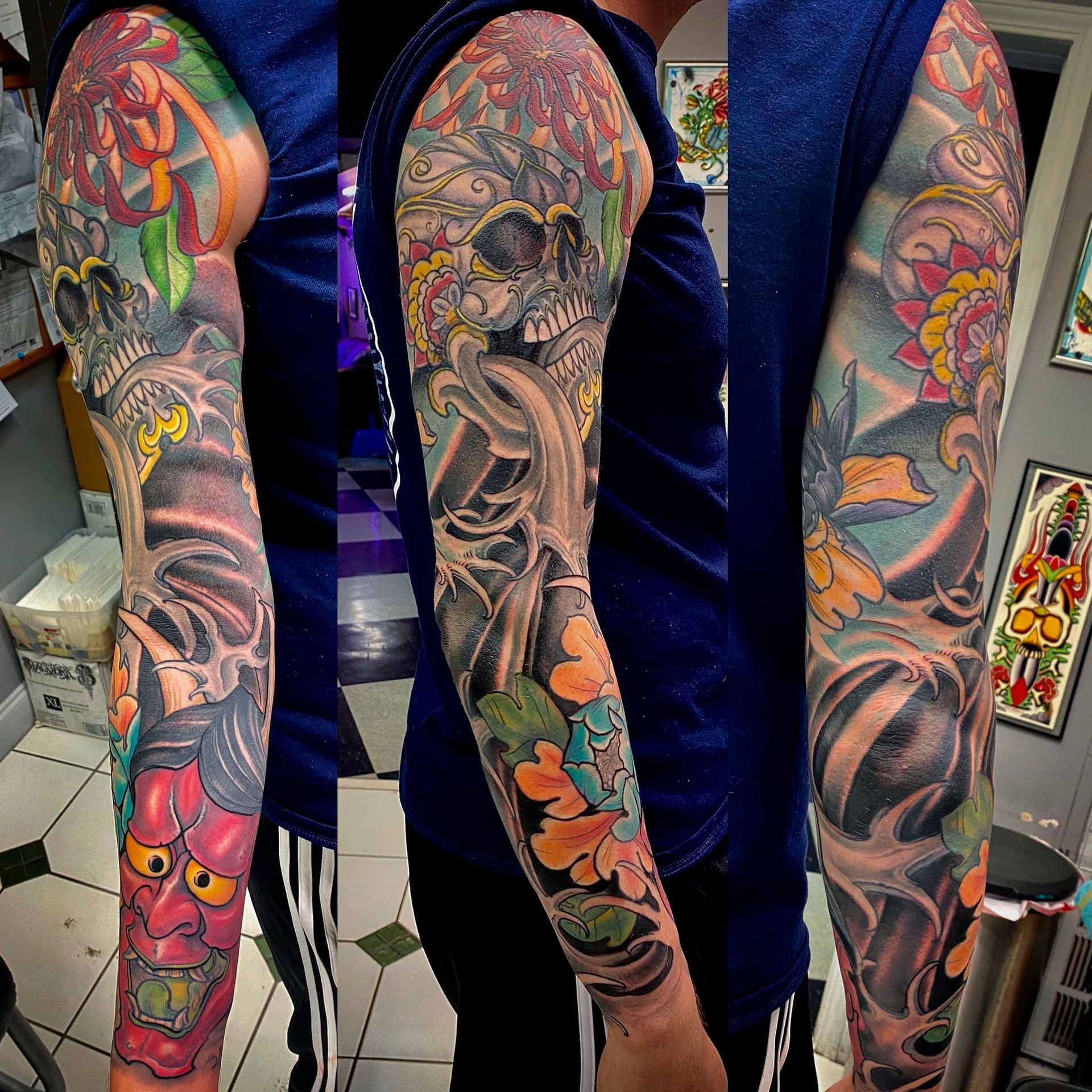 Three views of a colorful full-leg tattoo with floral and koi designs on a person’s leg