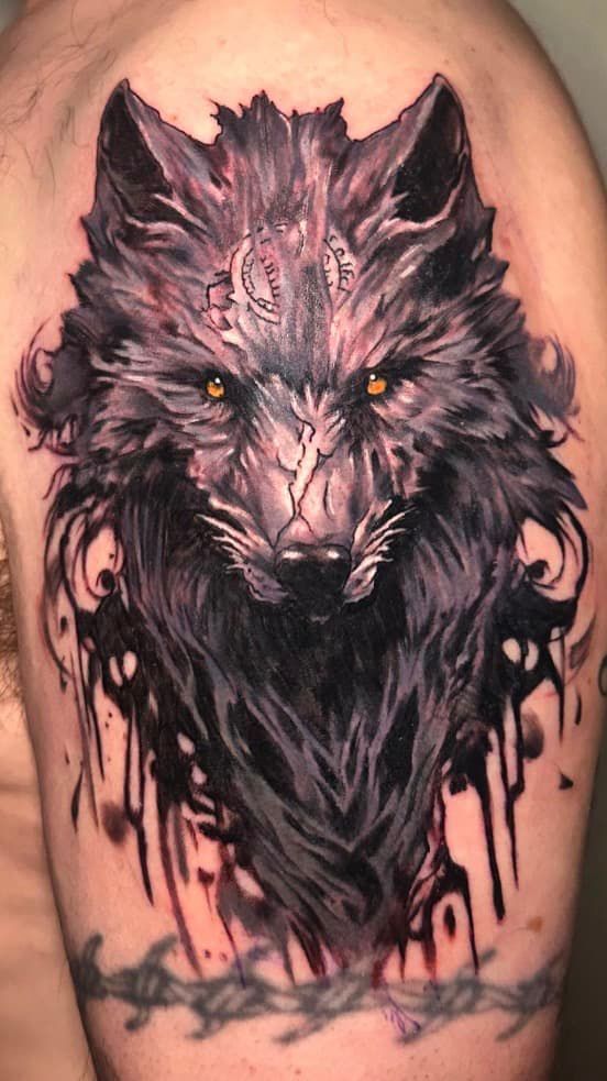 Black wolf tattoo with glowing yellow eyes and dripping dark ink on skin.