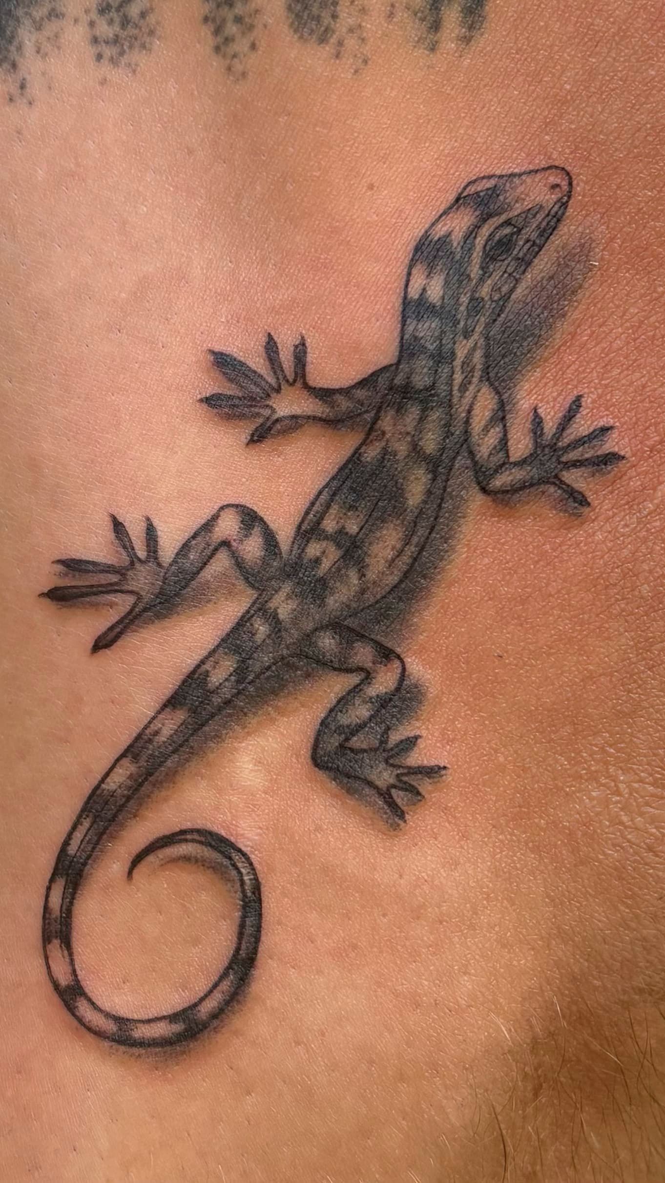 Black lizard tattoo on skin, shown with a curled tail and detailed legs.