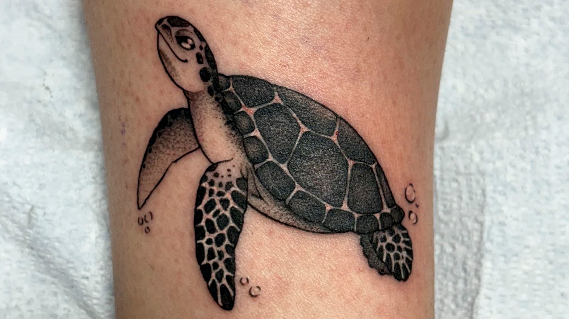Black-and-gray sea turtle tattoo on a person’s calf, swimming diagonally upward