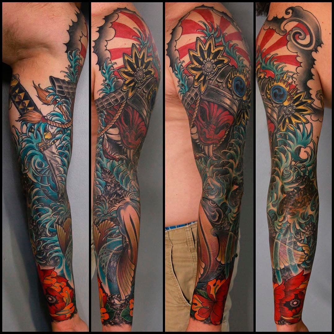 Four views of a colorful full-sleeve tattoo on an arm and shoulder.
