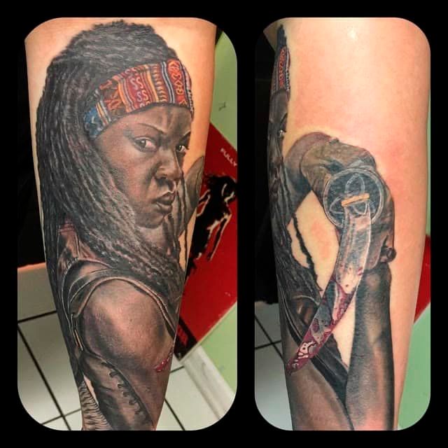 Two views of a realistic tattoo of a woman in a headwrap on an arm