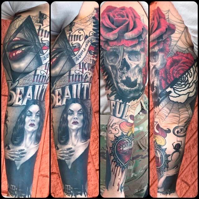 Arm tattoos featuring dark realism, roses, skulls, a woman’s face, and bold black-and-red designs.