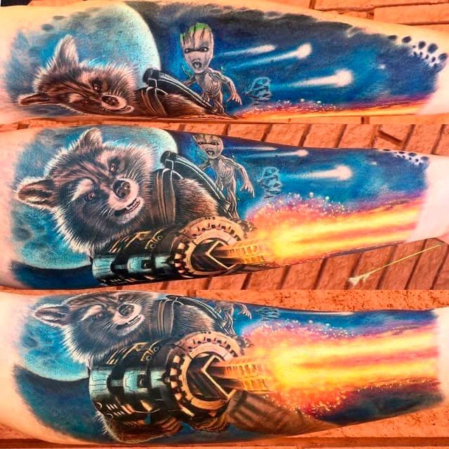 Three skateboard deck designs with a raccoon, a blue figure, and a rocket blasting orange flames.