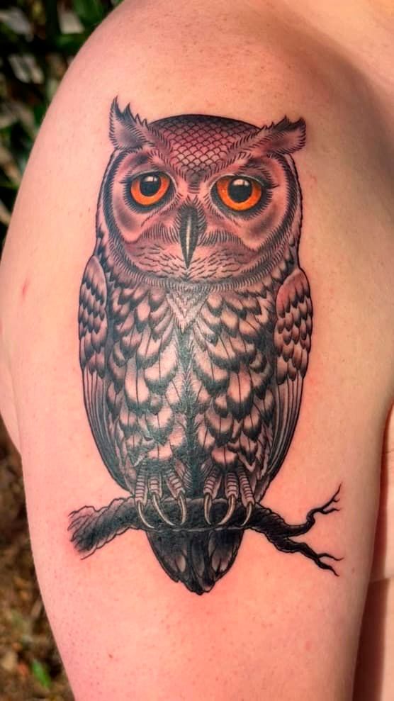 Owl tattoo with orange eyes and detailed gray feathers on a person’s upper arm