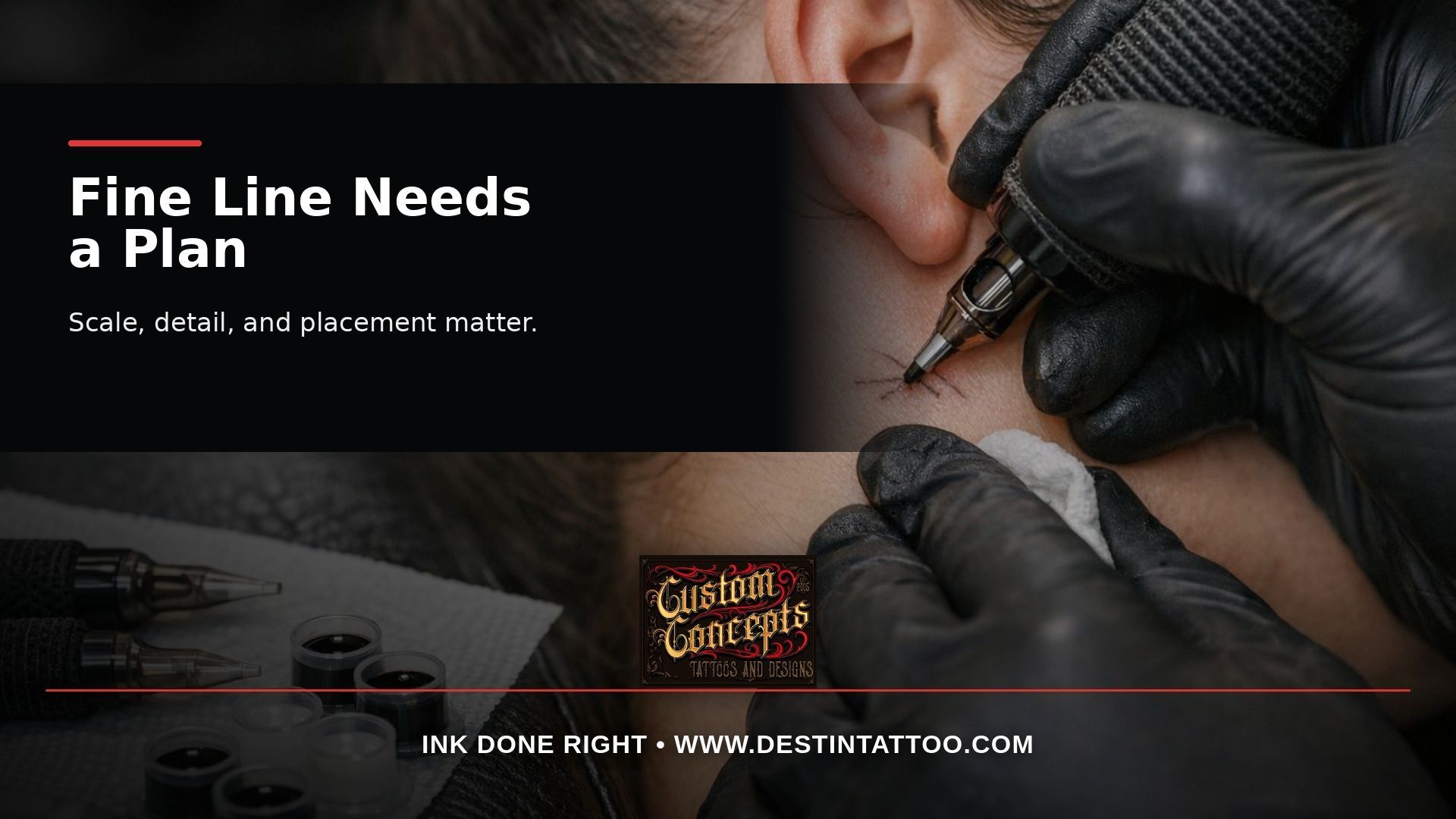 Gloved tattoo artist performing non-graphic fine line work behind a cropped, non-identifying ear in a moody studio.