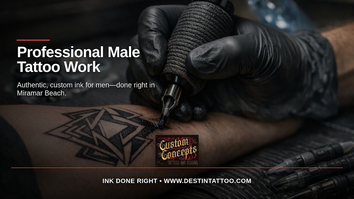 A gloved tattoo artist works on a geometric forearm tattoo, with Custom Concepts branding and a professional-work headline.