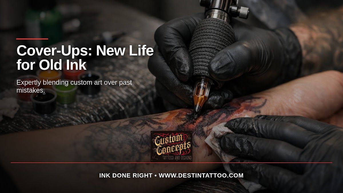 A gloved artist works over an existing forearm tattoo, with Custom Concepts branding and a cover-up planning headline.