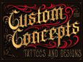 Custom Concepts tattoo and designs logo with ornate red and gold lettering on a dark background