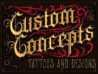 Custom Concepts tattoo and designs logo with ornate red and gold lettering on a dark background
