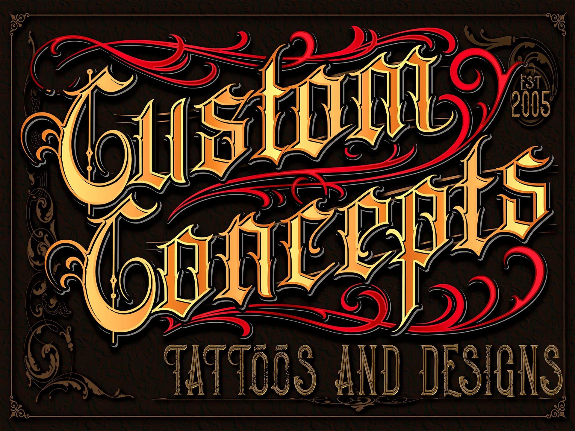 Custom Concepts tattoo and designs logo with ornate red and gold lettering on a dark background