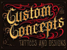 Decorative vintage logo reading “Custom Concepts” with “Tattoos and Designs” in red and gold on dark background