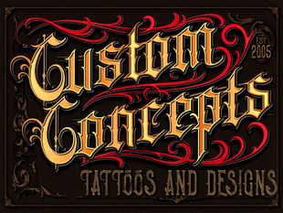 Custom Concepts tattoo and designs logo with ornate red and gold lettering on a dark background
