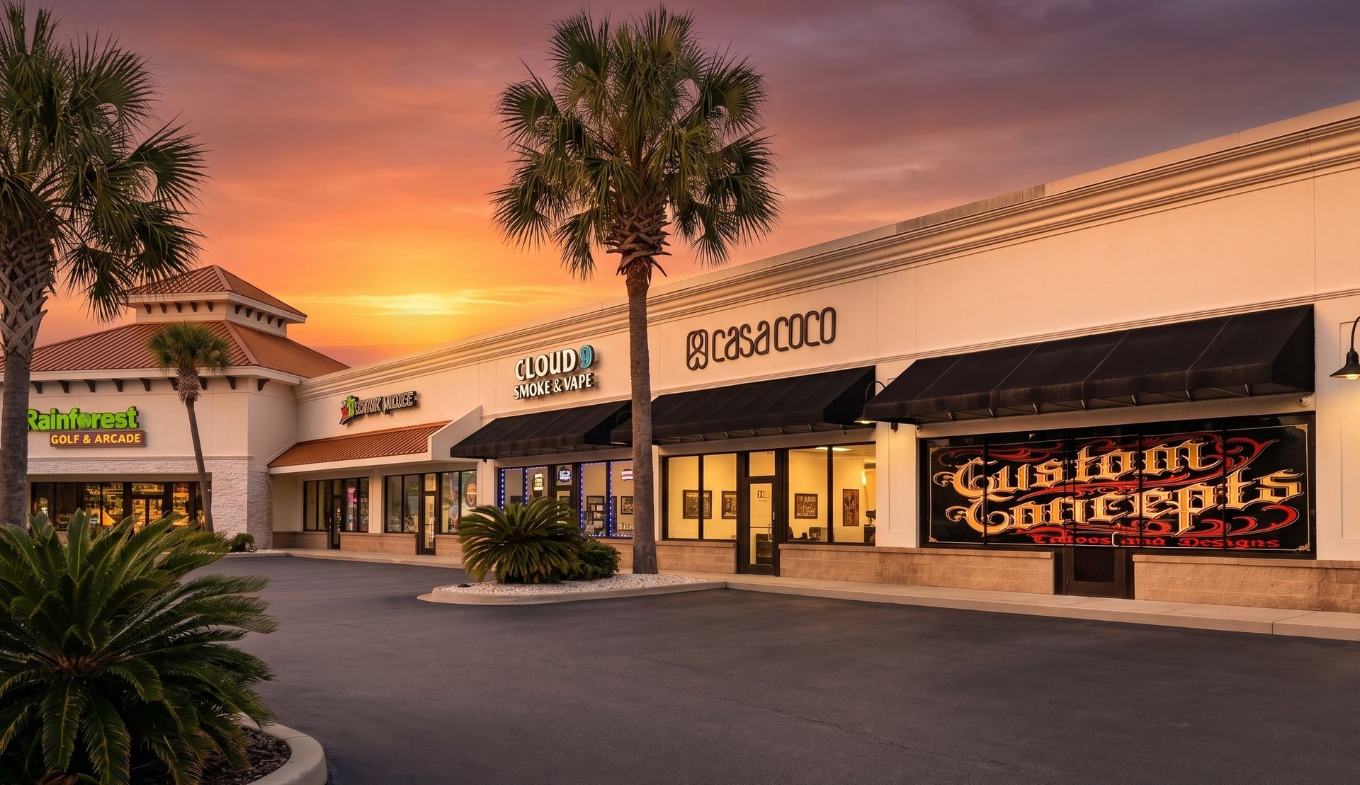 Sunset view of a shopping plaza with palm trees and storefront signs.