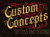 Custom Concepts tattoo and designs logo with ornate red and gold lettering on a dark background
