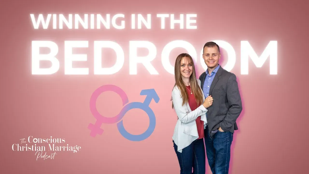 A man and a woman are standing in front of a pink background that says winning in the bedroom
