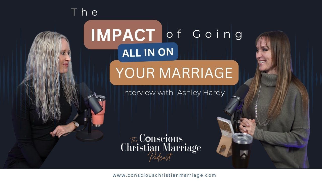 Two women are sitting in front of microphones talking about the impact of going all in on your marriage