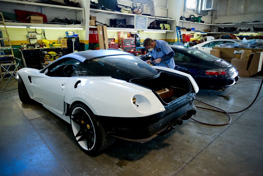 White Sports Car Inside Auto Repair Facility | D&V Autobody