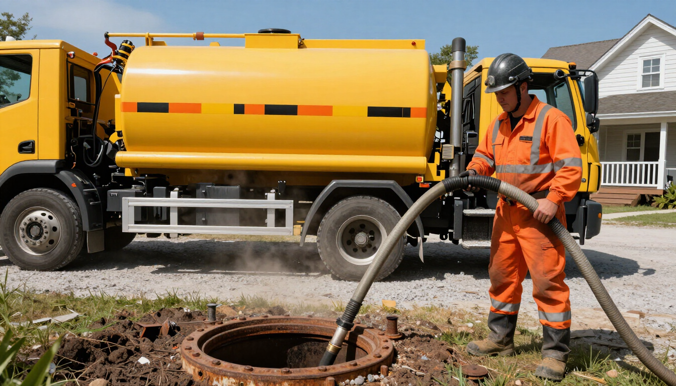 Worker in orange safety gear clearing a sewer drain beside a yellow vacuum truck on a residential street