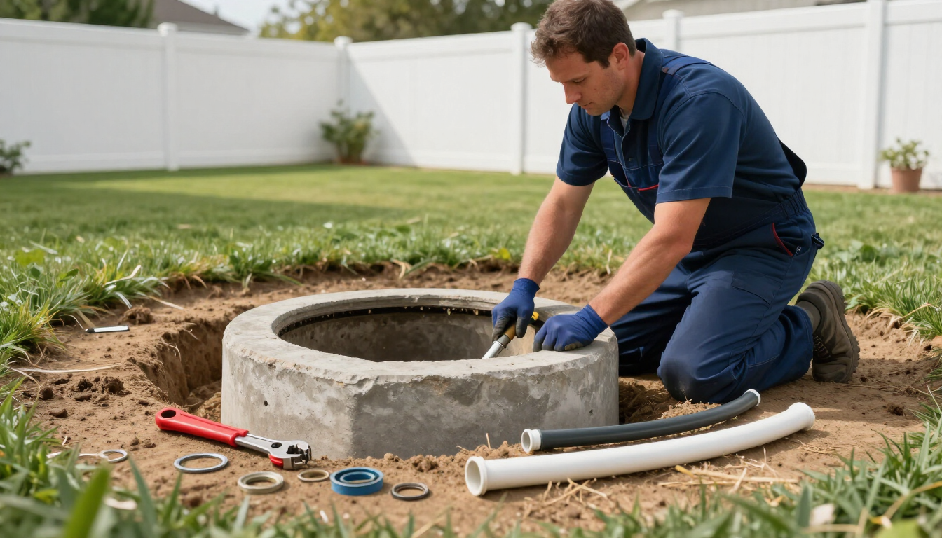 Worker kneeling by a concrete fire pit ring, using a tool in a backyard
