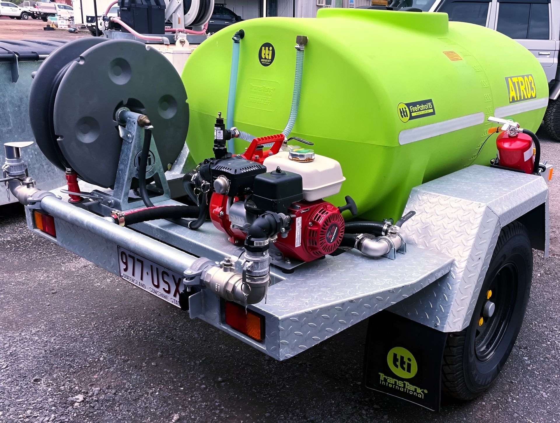 Water trailer with mounted tank and pump for dust suppression in Sunshine Coast