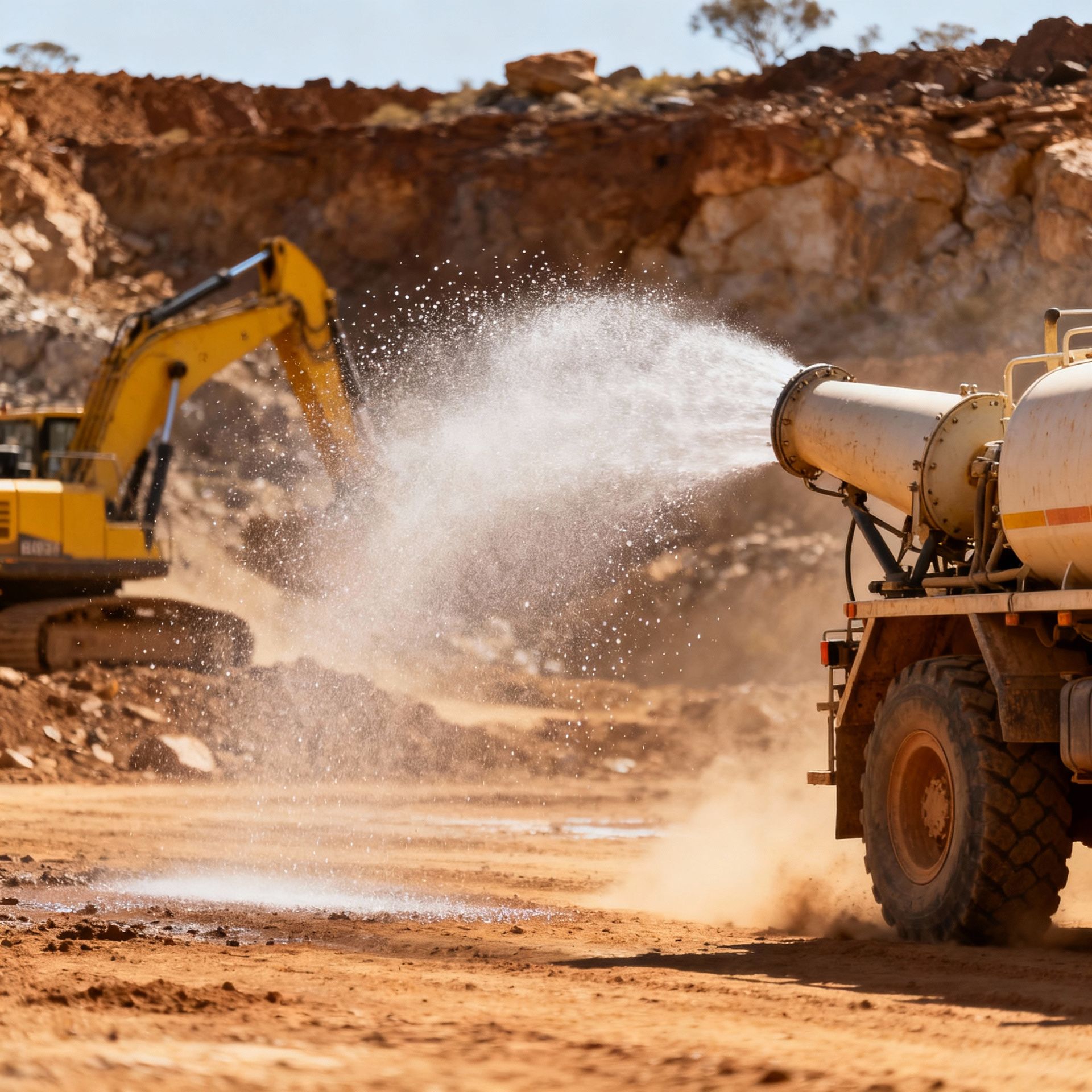 Water Truck Spraying Dust Suppression in An Open-Pit Mine — Allquip Rentals Pty Ltd in Cooroy, QLD