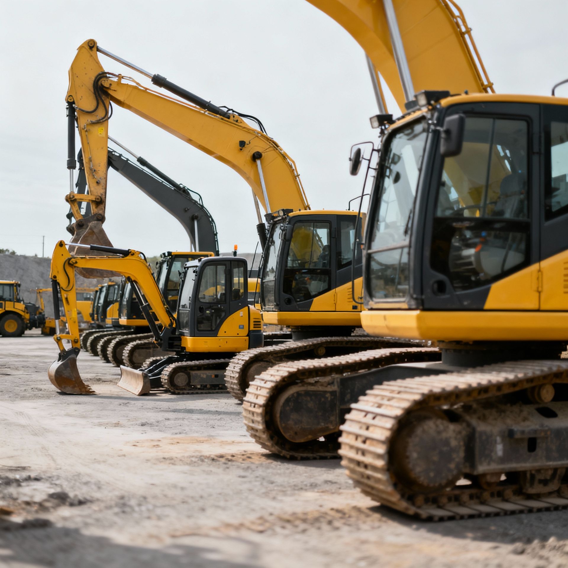 Yellow Construction Excavators Parked on A Gravel Lot — Allquip Rentals Pty Ltd in Cooroy, QLD