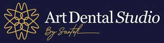 Art Dental Studio logo in gold script on a dark navy background with a geometric emblem