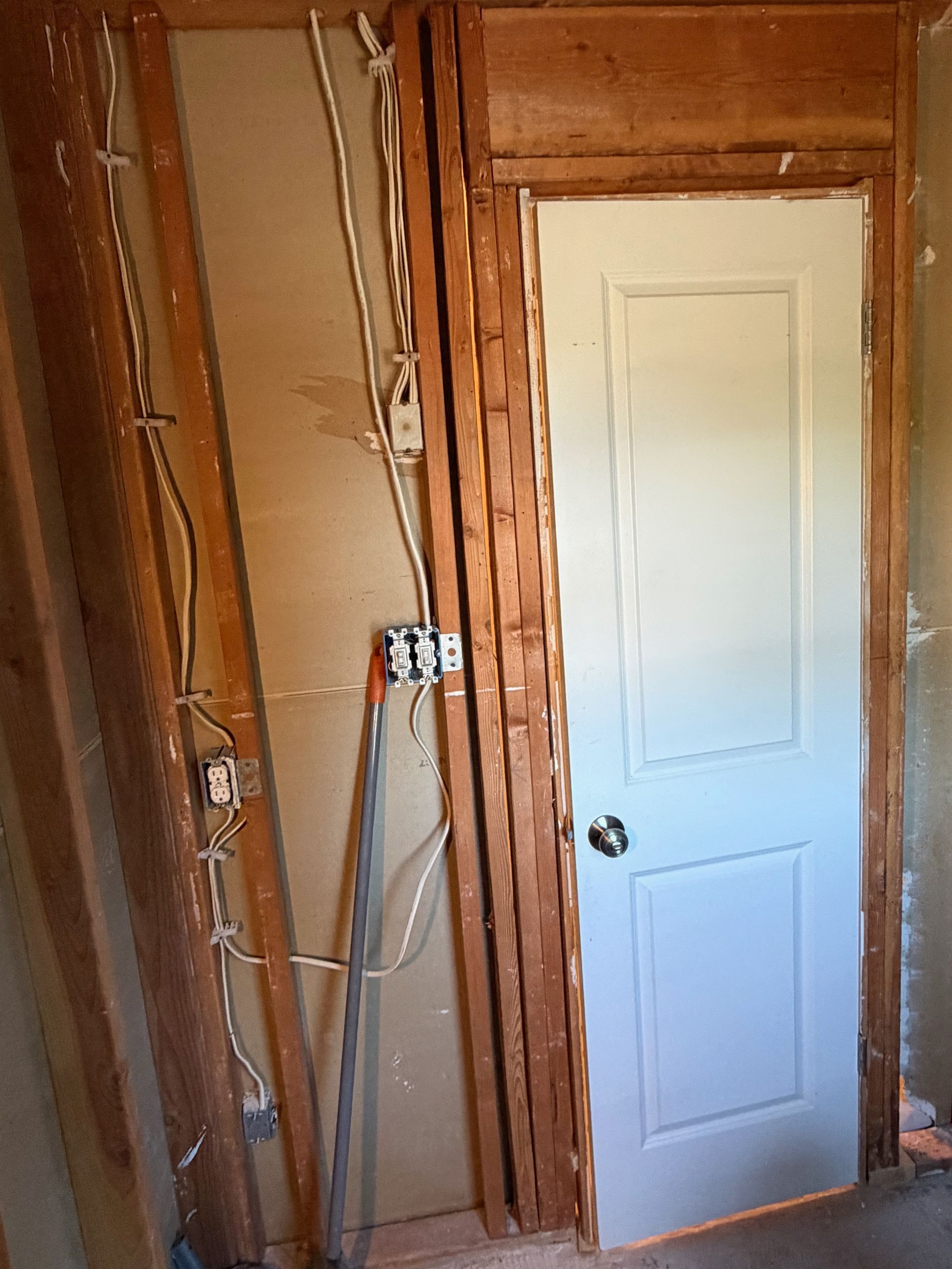 Partially renovated room with exposed wall studs and a white interior door