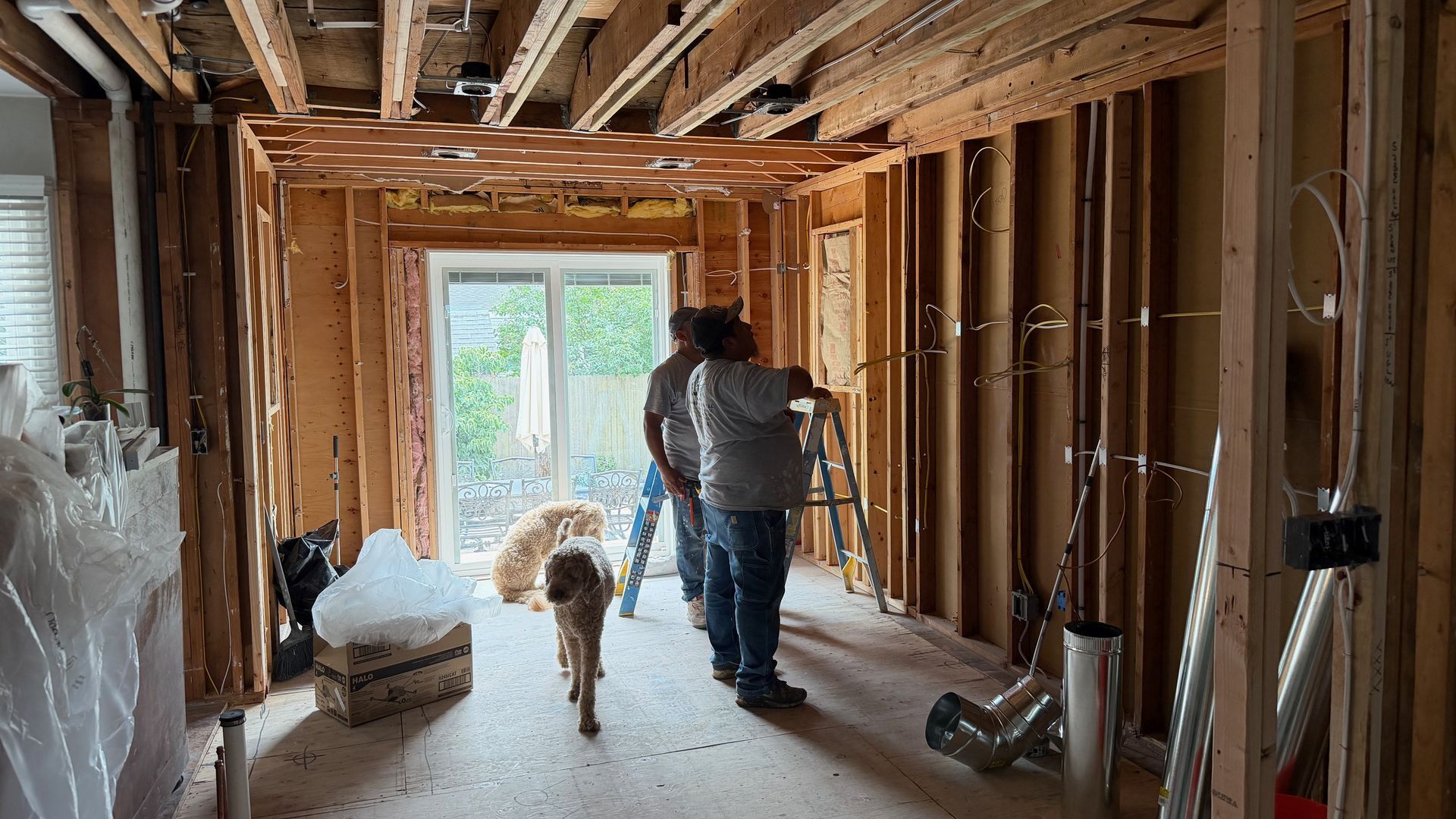 Person and dog walking through a house under renovation with exposed wooden framing.